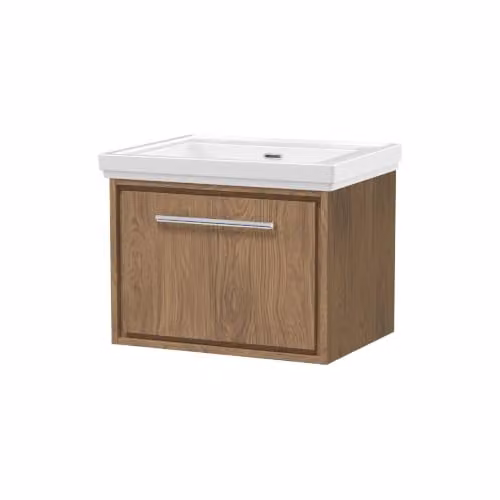 Balterley Antique Oak Wall Hung Vanity Unit with Rectangular Basin and Soft Close Single Drawer – 1