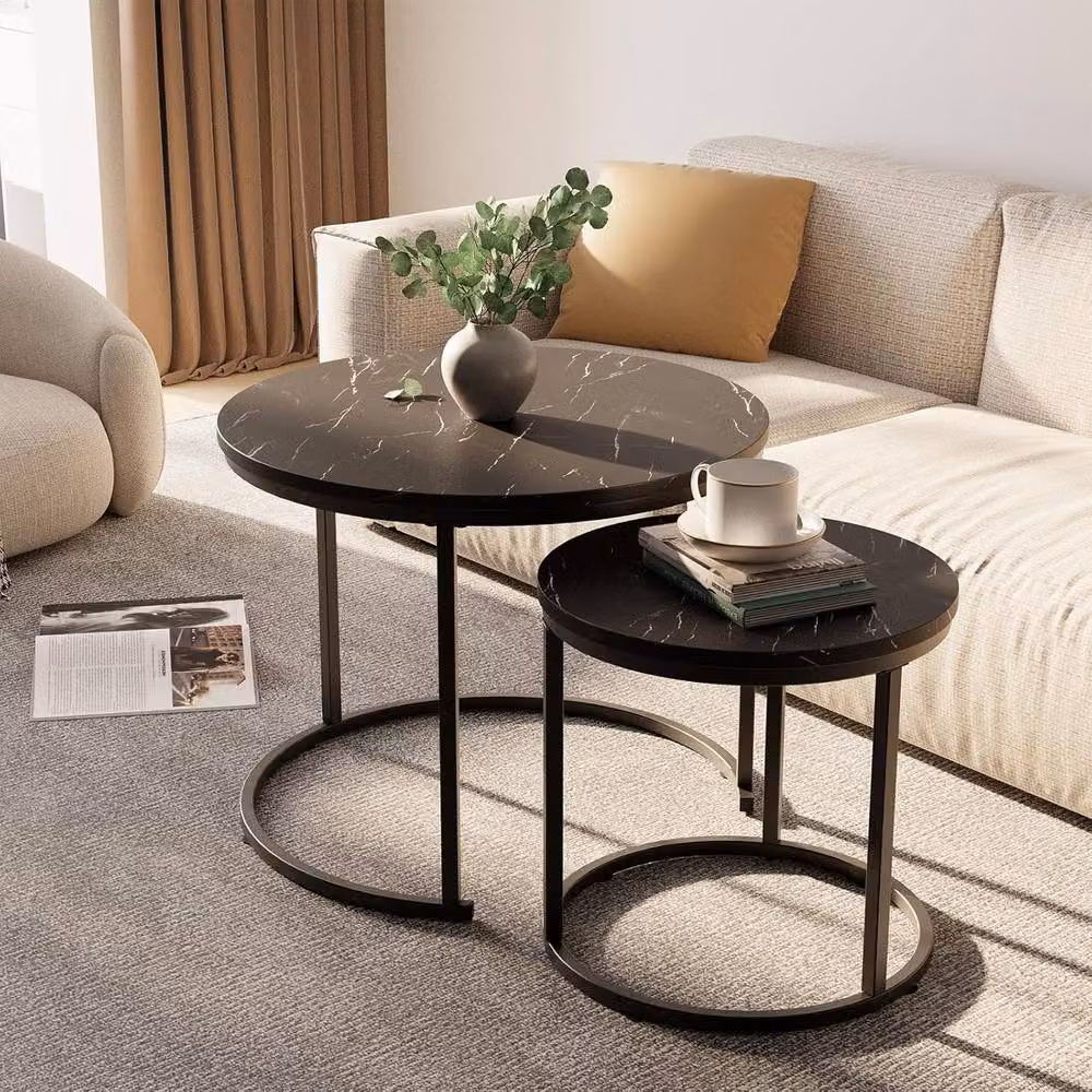 Huhote Set of 2 Round Nesting Coffee and Side Tables with Black Marble Finish and Metal Sled Base – 3