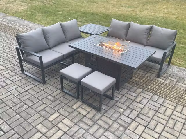 Fimous 8 Seater Outdoor Garden Furniture Set with Gas Fire Pit Dining Table and 2 Footstools in Dark Grey