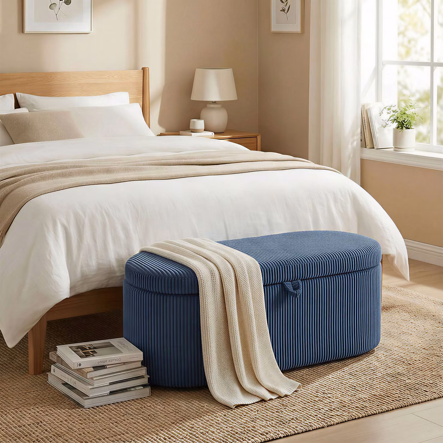 HOMCOM Corduroy Upholstered Storage Ottoman in Blue, W/D/H: 105 x 51 x 49 cm – 2