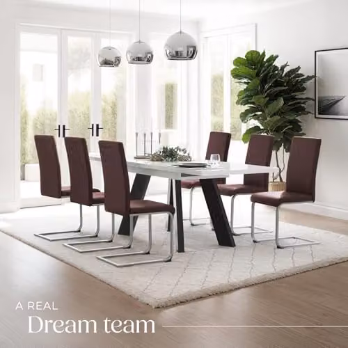 tectake Set of 6 Bettina Dining Chairs in Brown with Synthetic Leather and Metal Cantilever Base – 2
