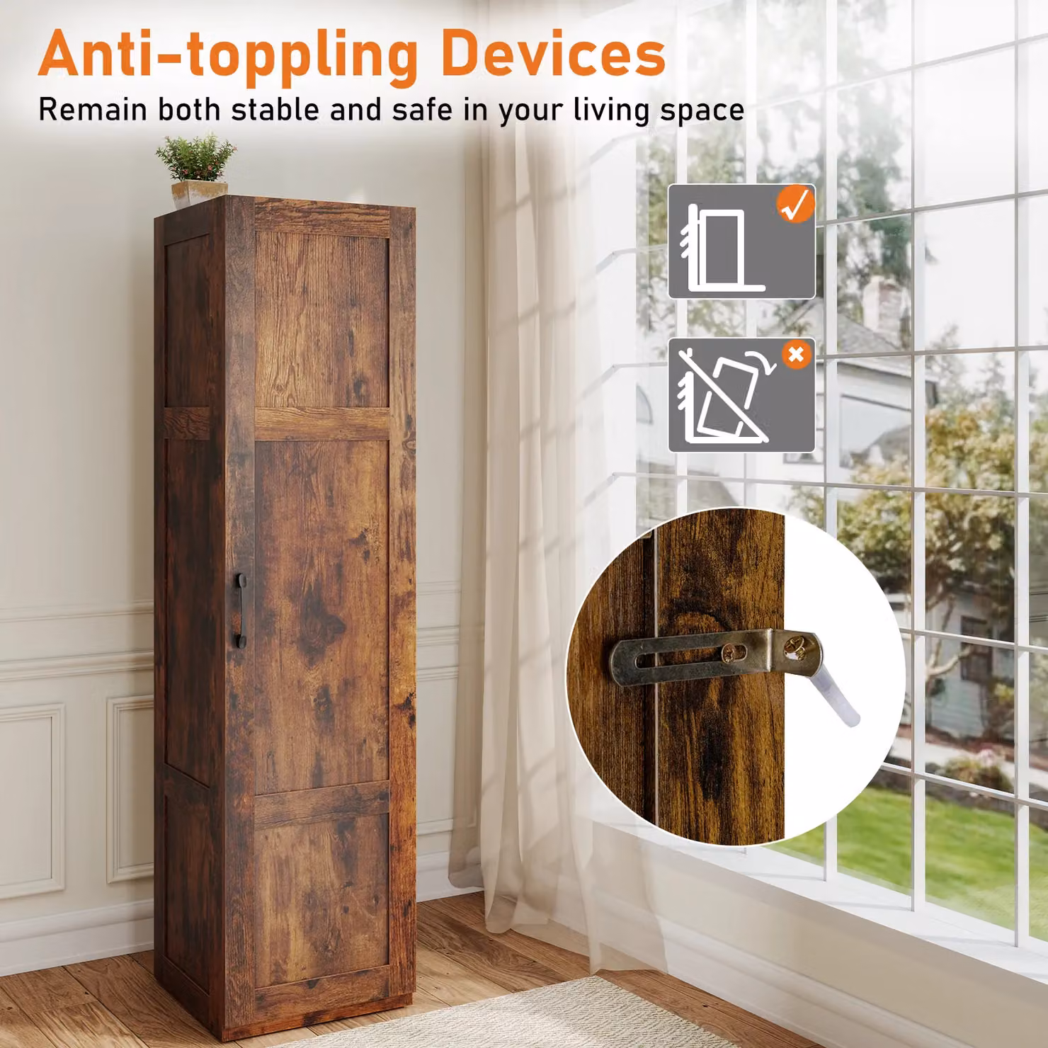 Costway 4-Tier Freestanding Tall Storage Cabinet in Brown with Hinged Doors, H 150 x W 40 x D 40 cm – 6
