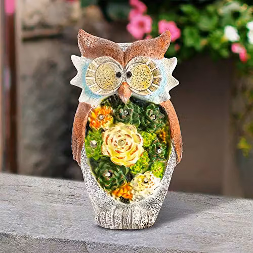 Globrite Multicolour Owl Figurine Garden Ornament with Solar Powered LED Light in Resin – 3
