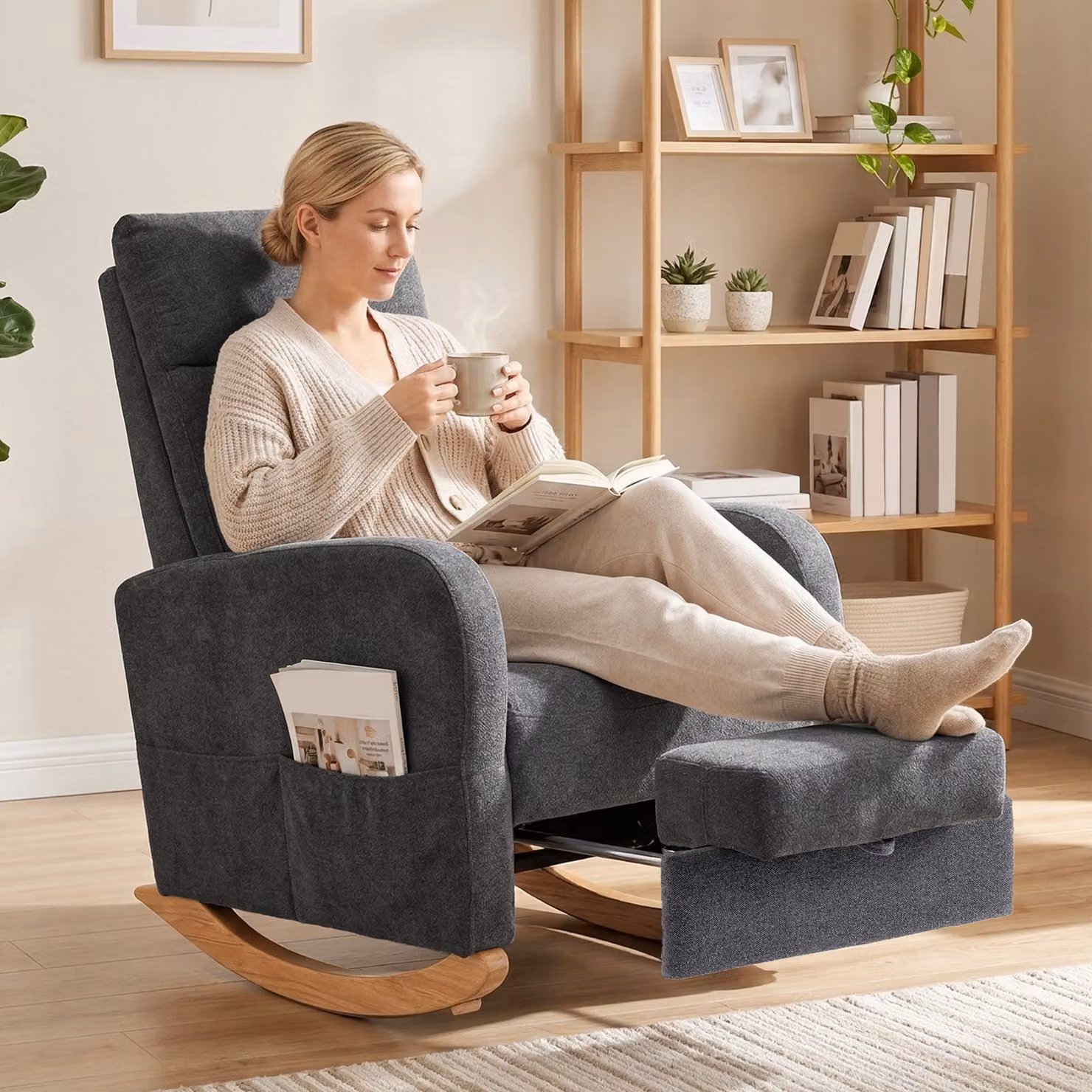 HOMCOM Grey Upholstered Rocking Chair with Retractable Footrest and High Back – 2