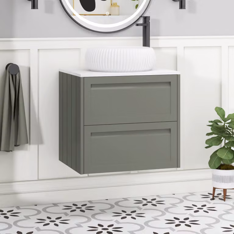 Royal Bathrooms Elmore Matt Green Wall Hung 2 Drawer Vanity Unit with Milan White Basin W: 60 cm