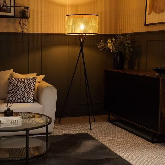 ValueLights Camden Black Tripod Floor Lamp with Natural Rattan Cylinder Shade