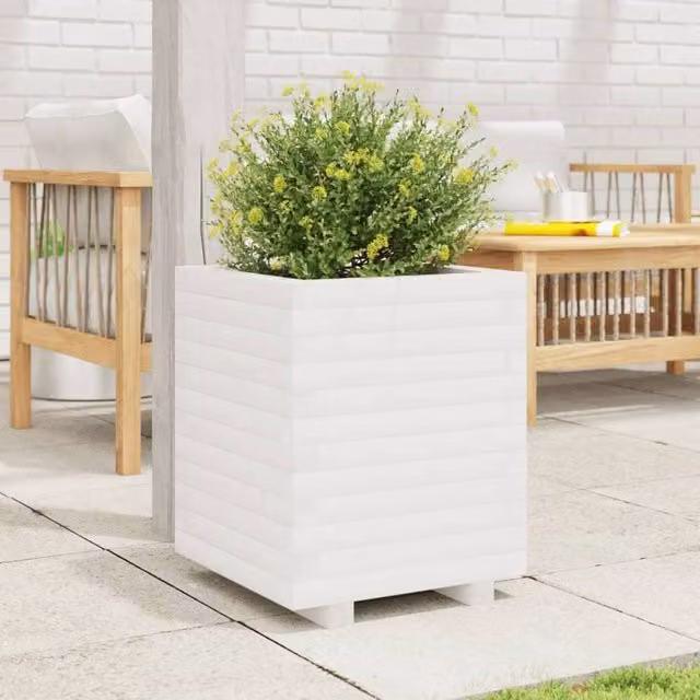 Berkfield Home Beautiful Garden Planter Tub, White, Solid Wood, W/D/H: 40 x 40 x 49.5 cm – 1