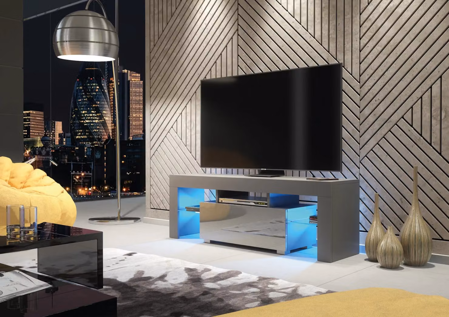 Mex Furniture LTD Modern Glossy TV Unit with LED Lighting in Dark Grey, W: 130 cm, D: 35 cm, H: 45 cm – 3