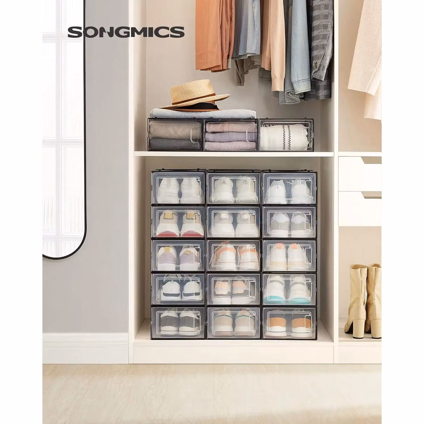 SONGMICS Pack of 18 Black Stackable and Foldable Mesh Storage Organisers – 2