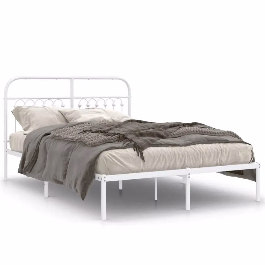 Berkfield Home Metal Bed Frame with Headboard, White, W: 135 cm, L: 190 cm – 2