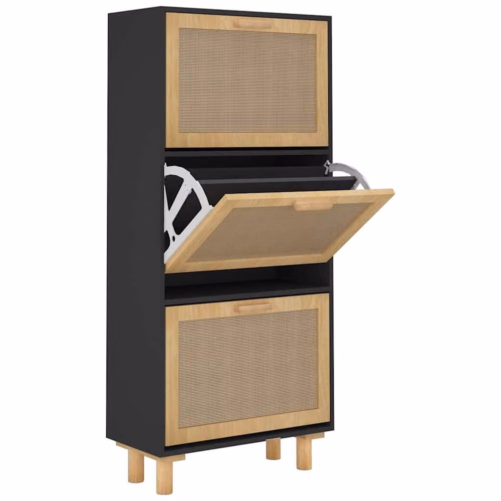 Berkfield Home Black Shoe Cabinet with Natural Rattan and Tilting Compartments, W/D/H: 52 x 25 x 115 cm – 2
