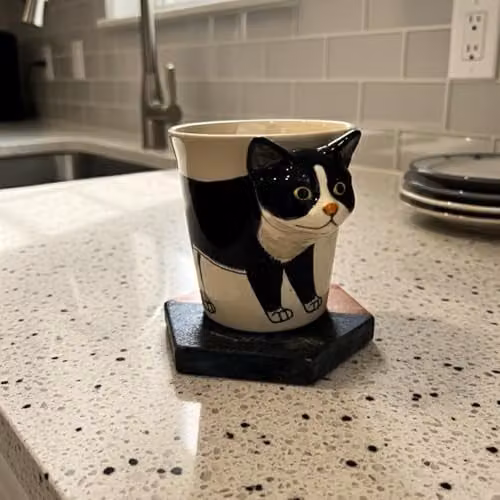 Handmade Ceramic Black Cat Design Mug in Black and White with 3D Cat Handle – 3