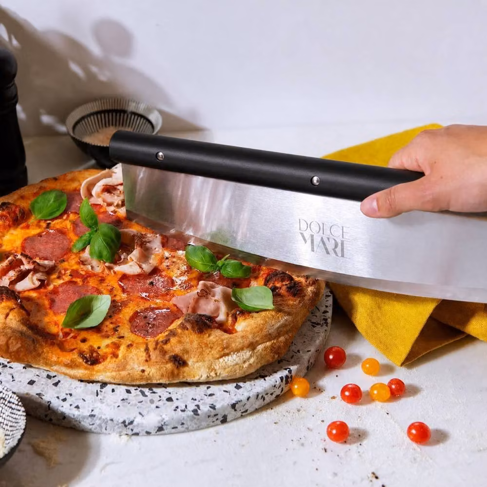 DOLCE MARE Stainless Steel Pizza Cutter with Black Handle and Rocker Blade – 4
