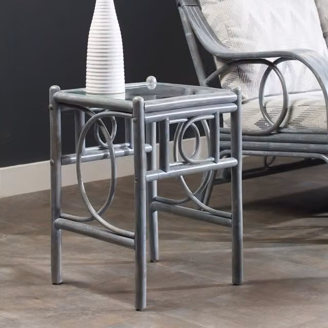 Madrid Cane Square Side Table in Grey with Glass and Rattan Top