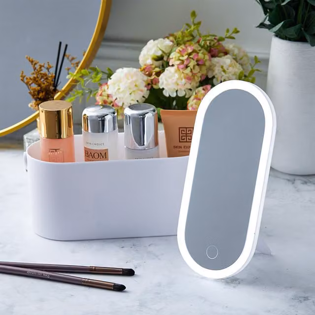Livingandhome Portable Vanity Case Makeup Box with Rotatable LED Light Mirror, White