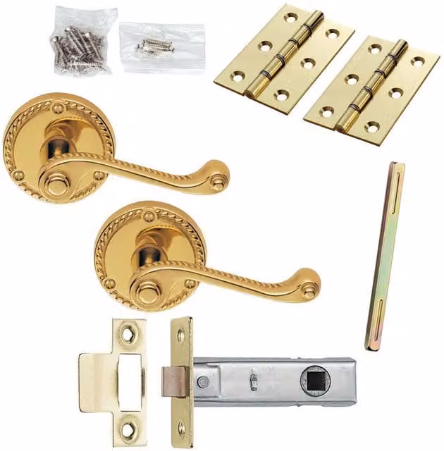 Loops Brass Georgian Scroll Door Handle and Latch Pack in Polished Gold