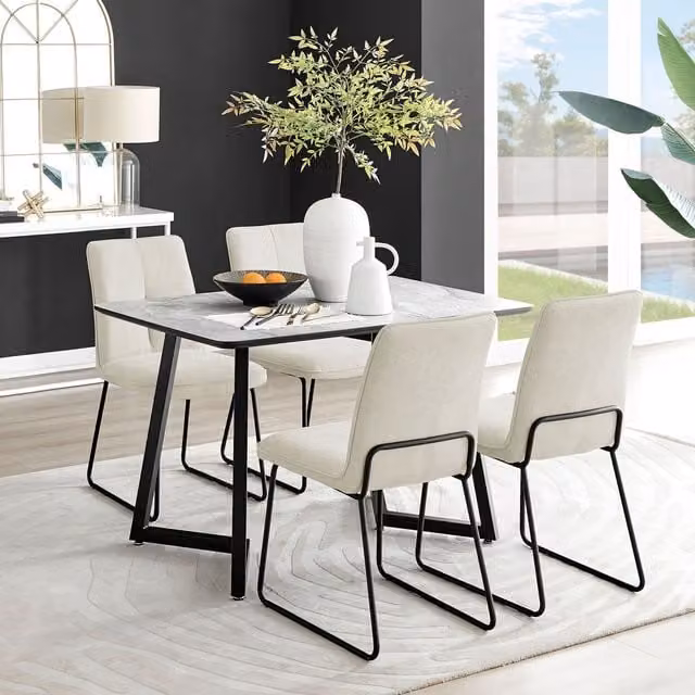 FurnitureboxUK Carson White Marble Effect Dining Table and 4 Halley Chairs in Beige and Black, W/D/H: 120 x 80 x 75 cm