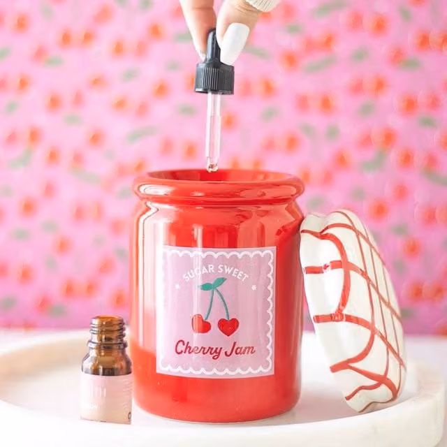 Uniqueful Cherry Jam Jar Oil Burner and Wax Warmer in Red and White Ceramic