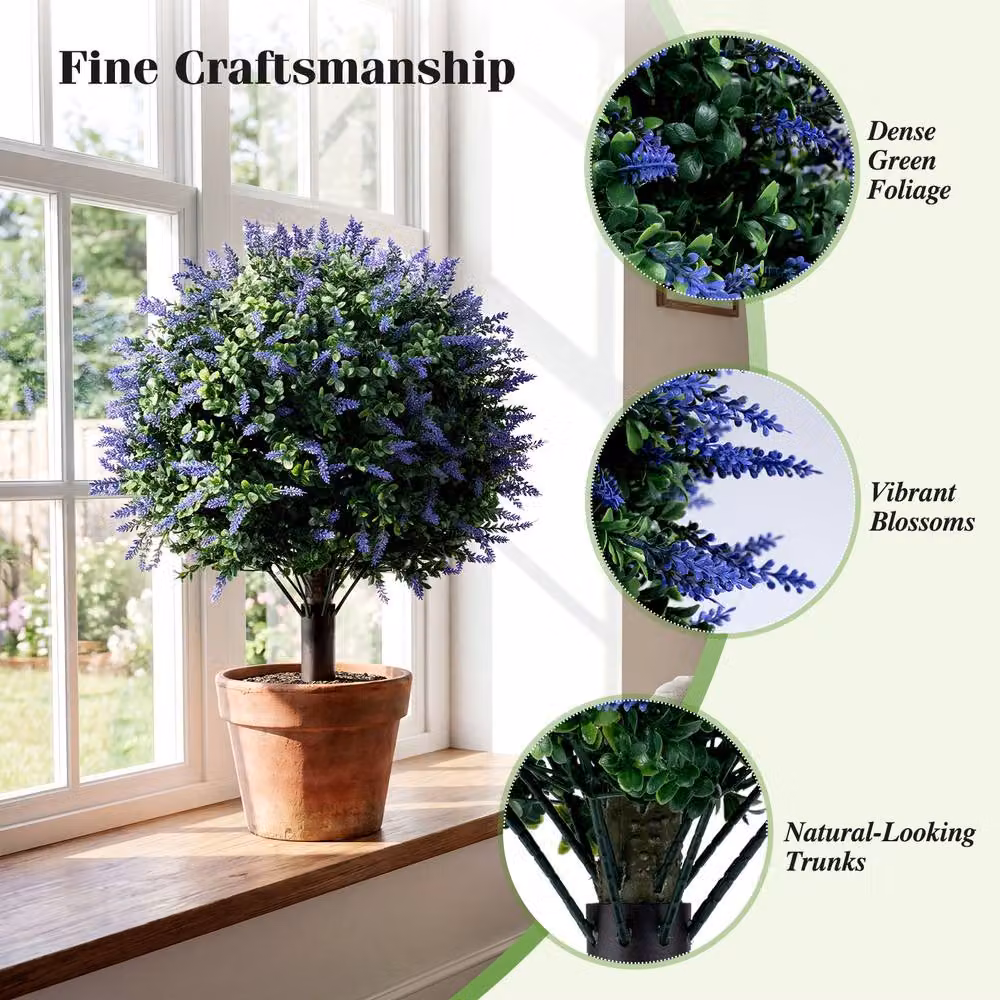 Costway Set of 2 Artificial Lavender and Boxwood Topiary Ball Trees in Green, Purple and Multicolour – 7