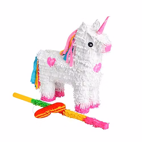 Fax Potato Unicorn Cardboard Pinata, Stick and Blindfold Set in White and Multicolour, W43 x D13 x H55 cm – 1