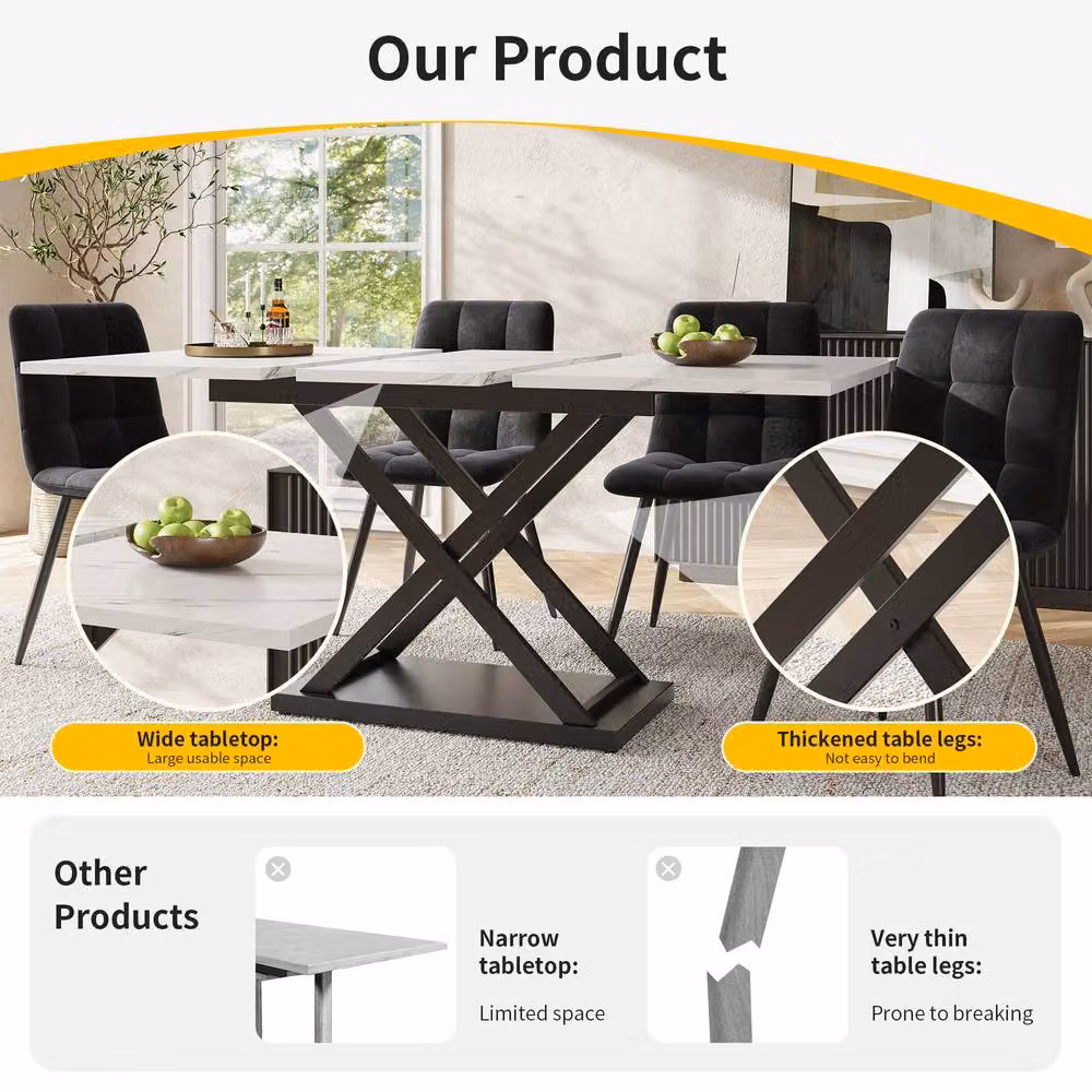 Merax Extendable Rectangular Dining Table with White Marble Effect Glossy Top and X-Frame Base, W/D/H: 120 x 80 x 75 cm – 4