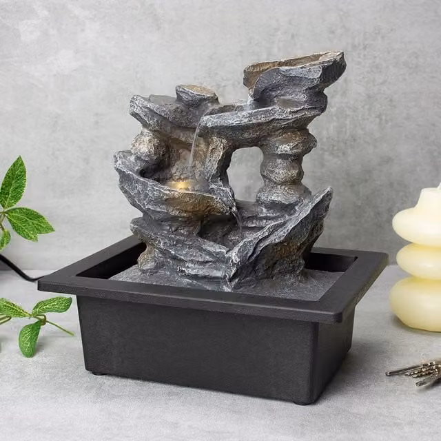 Menkind Well Being Cascading Rocks Tabletop Water Feature with LED Light in Black – 1