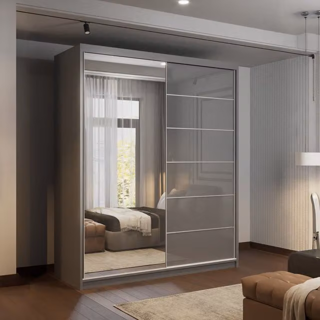Sliding Wardrobes 4U Fusion High Gloss Grey Sliding Mirror Door Wardrobe W: 150 cm, H: 200 cm – 1