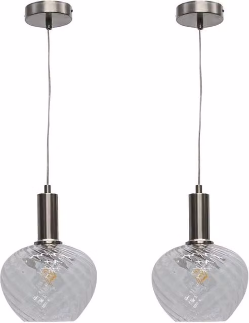 First Choice Lighting Bradson Set of 2 Art Deco Pendant Lights with Clear Swirl Glass and Satin Nickel Finish – 1