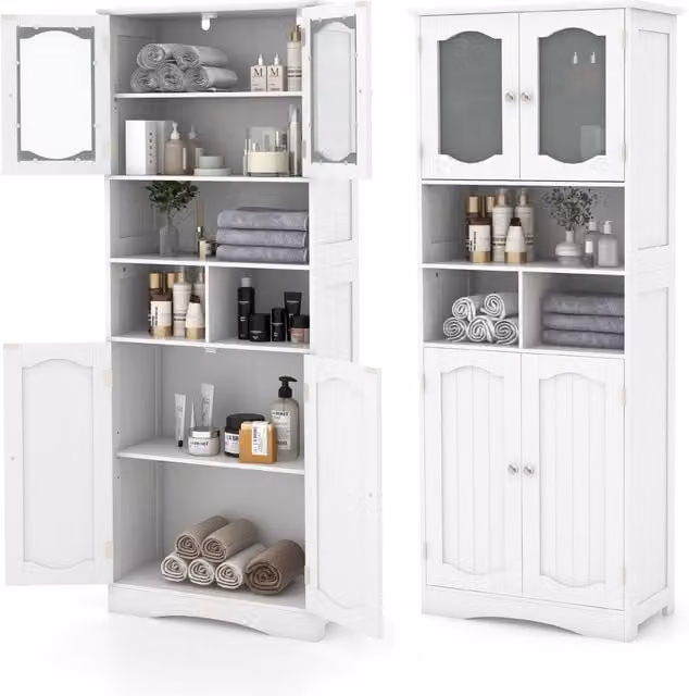 Gymax Freestanding Tall Bathroom Cabinet with Glass Doors and Adjustable Shelves in White