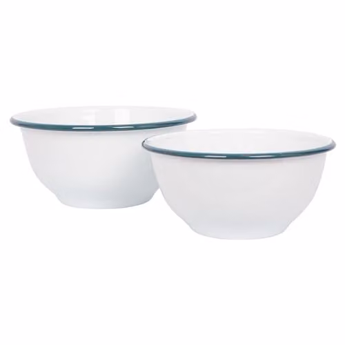 Argon Tableware 2 Piece White Enamel Nesting Mixing Bowl Set with Green Rim, 1.6 l and 1.1 l – 1