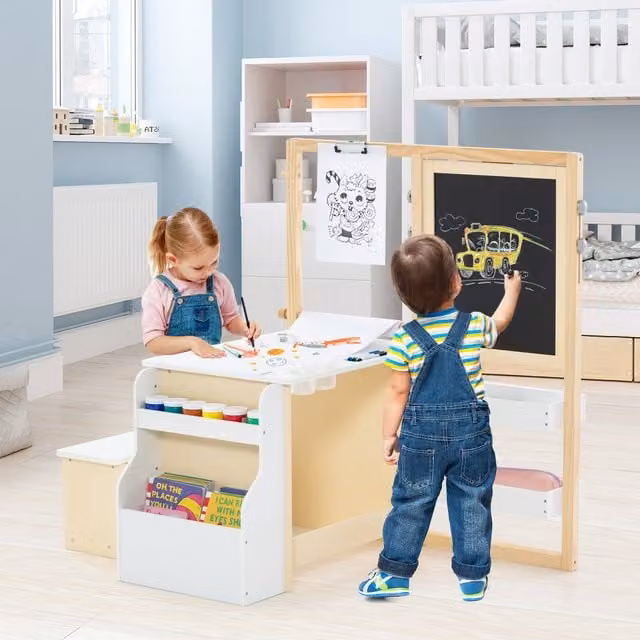 Costway Kids Art Easel Table and Bench Set in White and Natural Wood