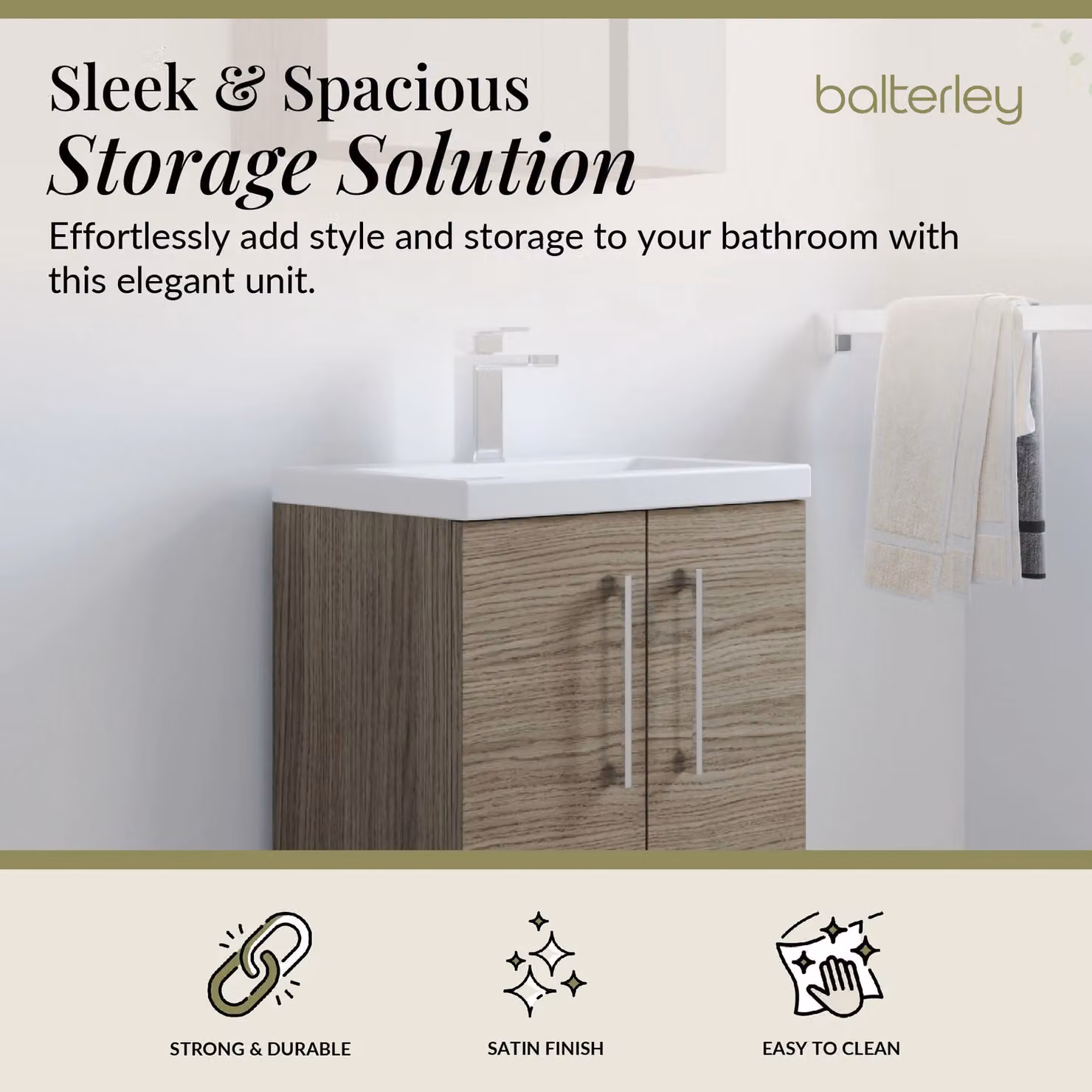Balterley Mid Oak Brown Modern Freestanding Bathroom Vanity Basin Unit with Soft Close Doors and Chrome Handles, W: 50 cm, H: 84 cm – 2