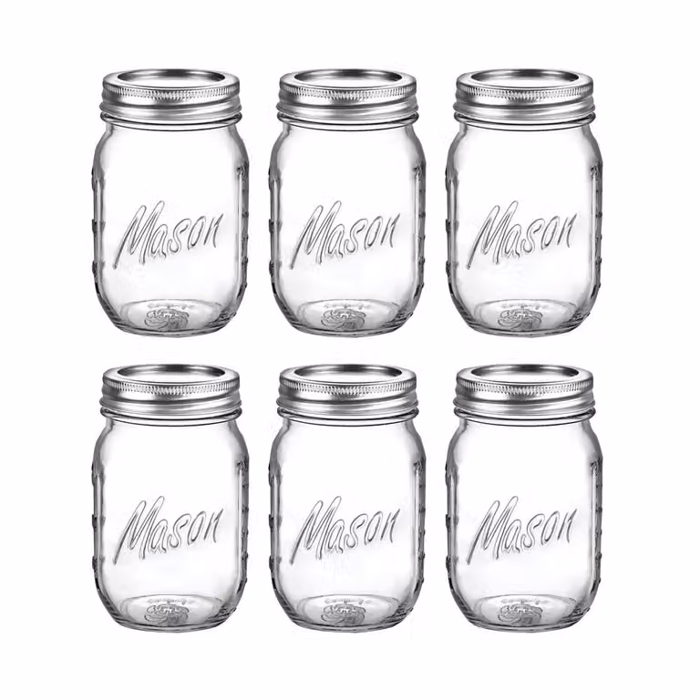 Simpa Set of 6 Transparent Glass Mason Jars with Measurements and Airtight Leakproof Lids, 475 ml each