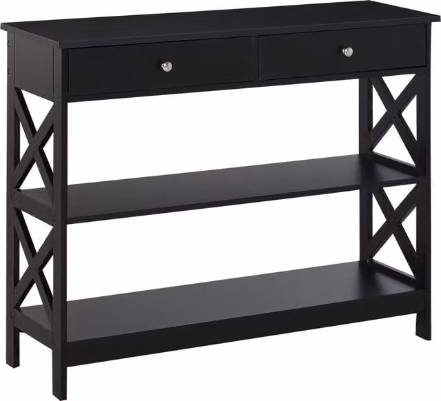HOMCOM Black Console Table with Shelves, Drawers and X-Frame Support for Living Room, Hallway or Home Office