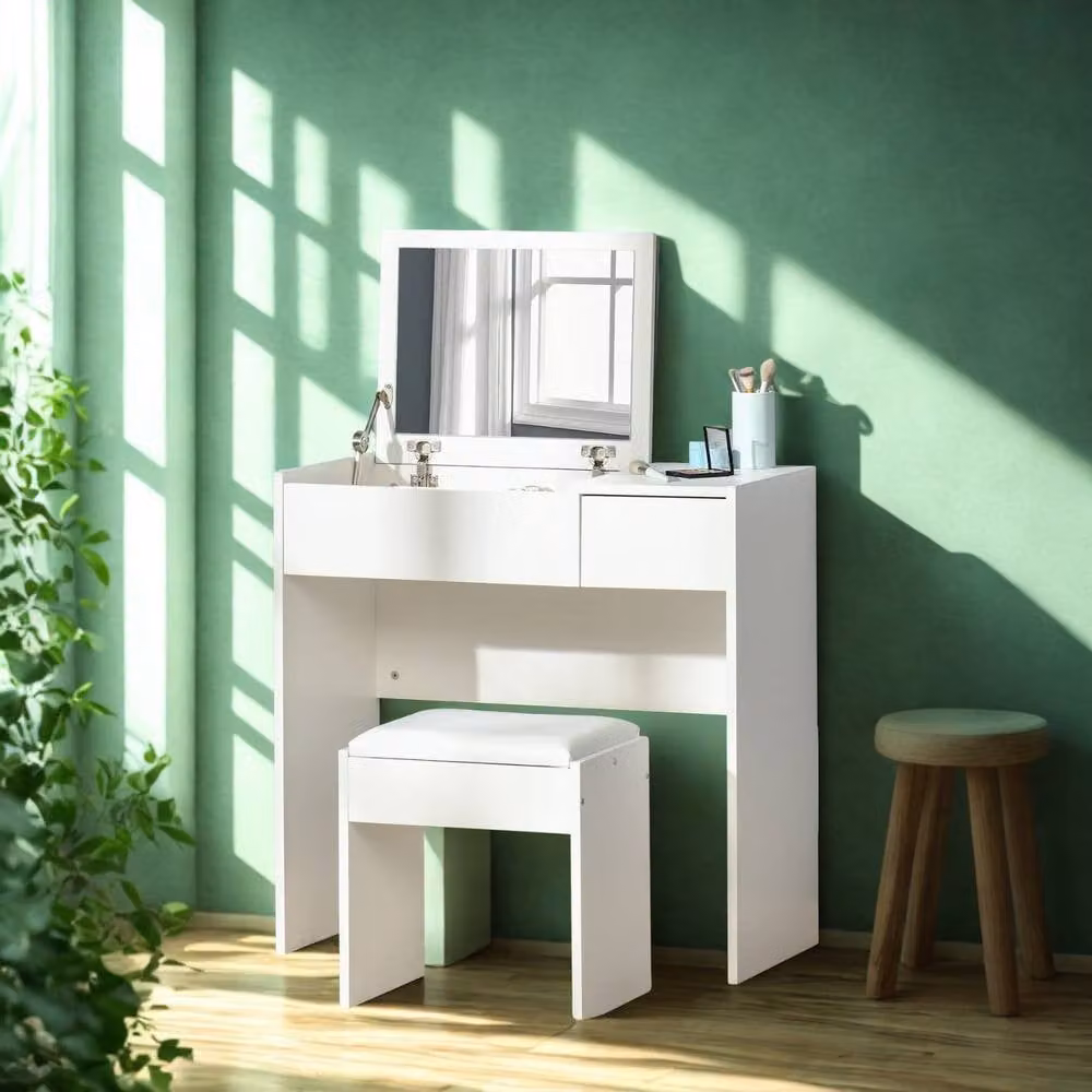 Pirlo Plush 2-in-1 Flip-Up Dressing Table and Workstation with Stool in White – 2