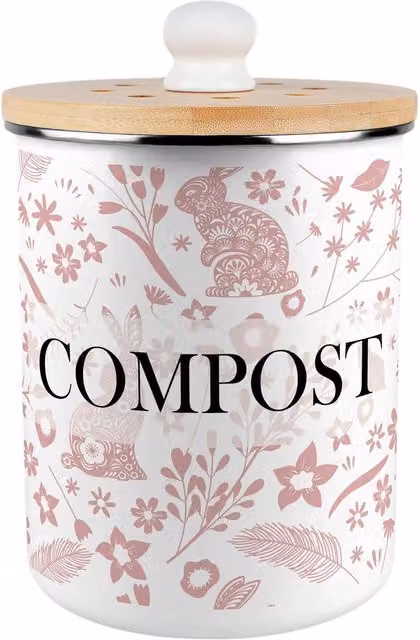 Purely Home Pink Wild Rabbits Metal Compost Caddy with Flip Lid, 2 l