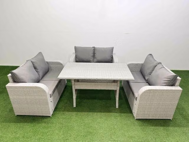 Fimous 6 Seater PE Wicker Rattan Garden Furniture Set with Rectangular Glass Dining Table and 2 Seater Love Sofa in Light Grey
