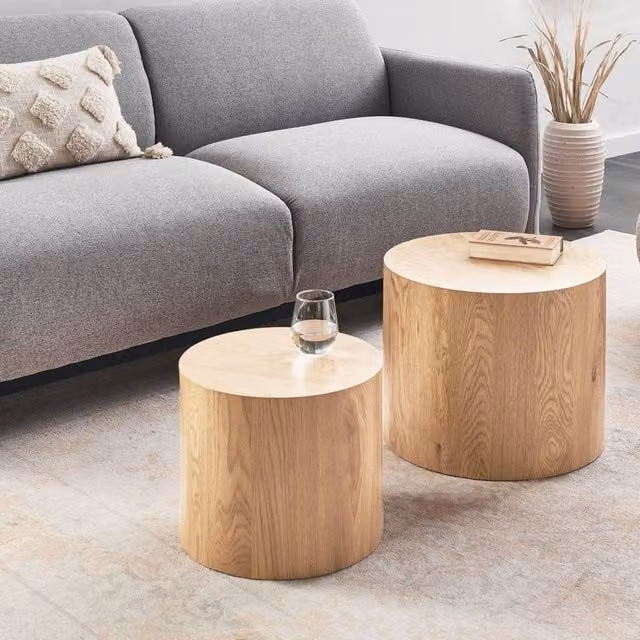 Wyld and Coco Set of 2 Round Brown Wood Coffee Tables with Nested Tops