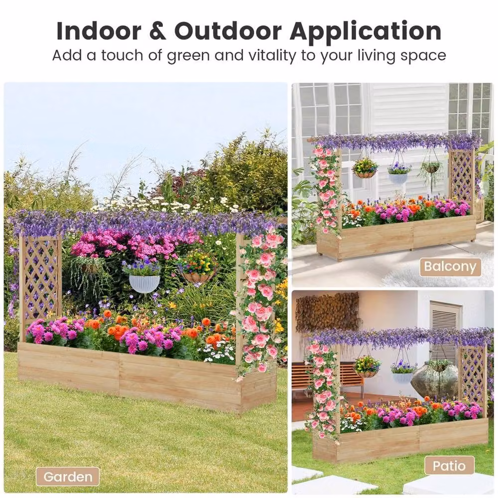 VOGREX Brown Fir Wood Raised Garden Bed with 2-Sided Trellis Climbing Planter Box – 4