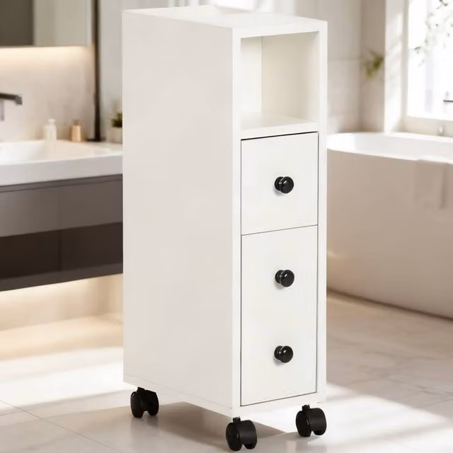 ERGOVEXA Slimline White Freestanding Bathroom Storage Cabinet with Doors and Drawers – 1