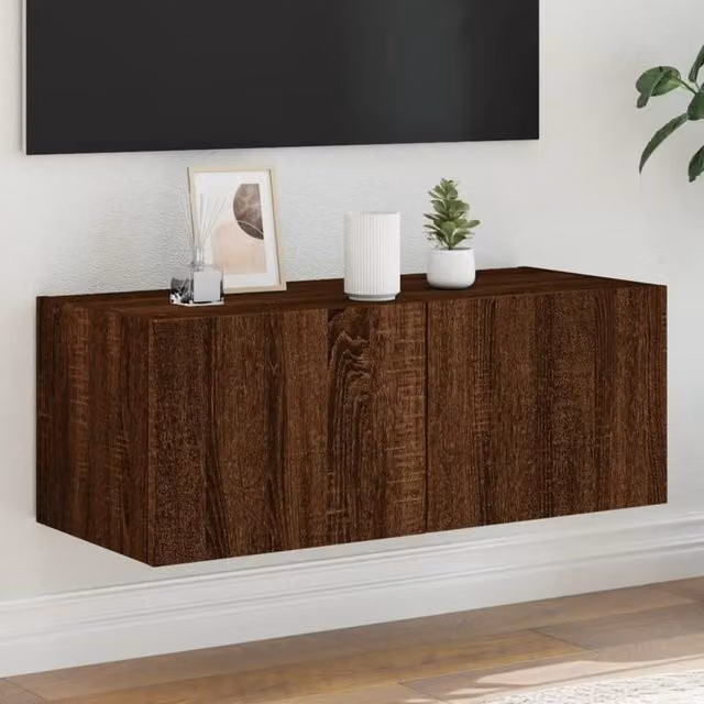 Berkfield Home Modern Wall Mounted TV Cabinet with Integrated LED Lights in Brown Oak, W/D/H: 80 x 35 x 31 cm – 1