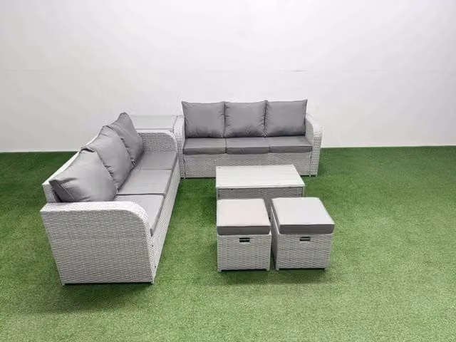 Fimous 8 Seater Grey Rattan Garden Furniture Set with High Back Sofa, Ottoman, Coffee Table and Side Table