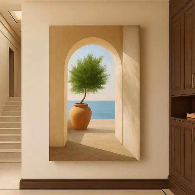 Mafett Modern Abstract Archway and Tree Design Canvas Wall Art in Beige, Gold and Blue – 1