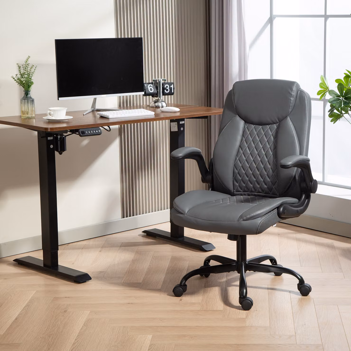 HOMCOM Faux Leather Office Task Chair with Flip-Up Armrests and 360 Degree Swivel, Grey, W/D/H: 65 x 60 x 120 cm – 2