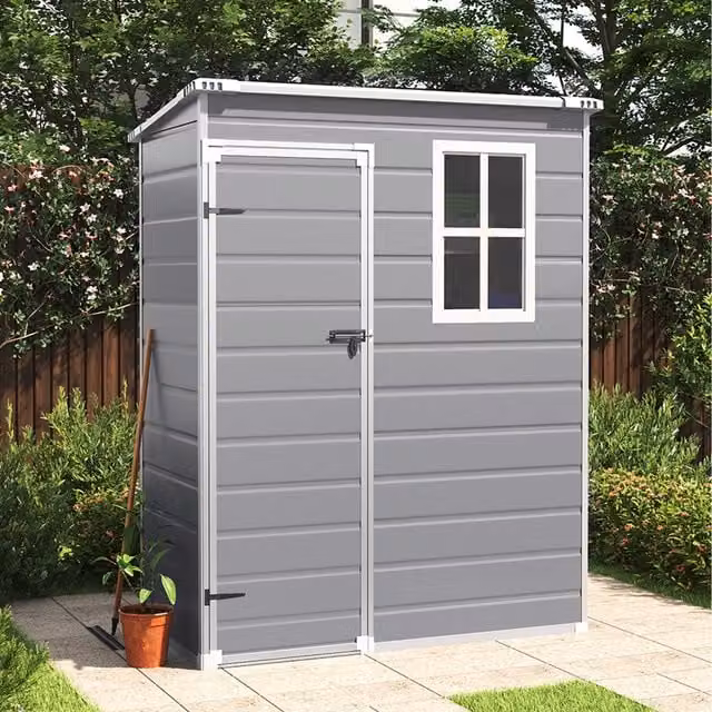 Livingandhome Modern Plastic Garden Storage Shed with Single Door and Window in Grey