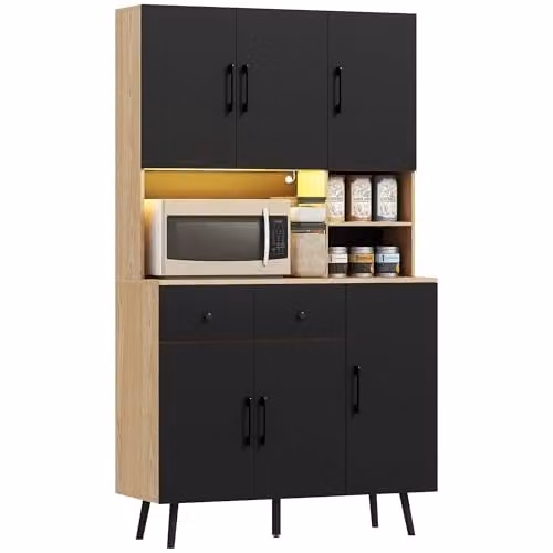 HOMCOM Modern Tall Kitchen Cupboard with RGB LED Lights, Black and Oak, H 176 x W 100 x D 40 cm – 1