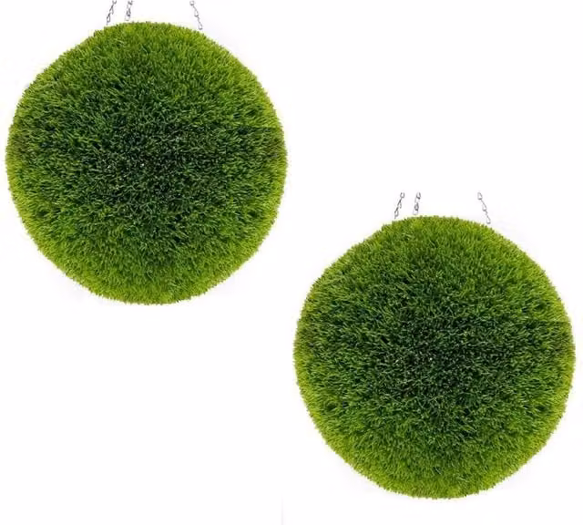 Primrose Pair of Green Artificial Grass Effect Hanging Topiary Balls with Chain, Diameter: 38 cm