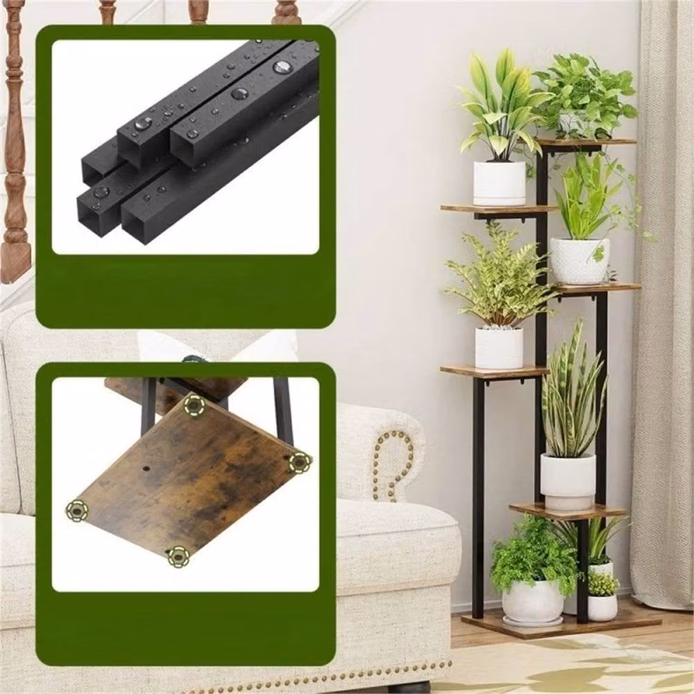 Nordara 6 Tier Vintage Wood and Metal Corner Plant Stand in Black – 3