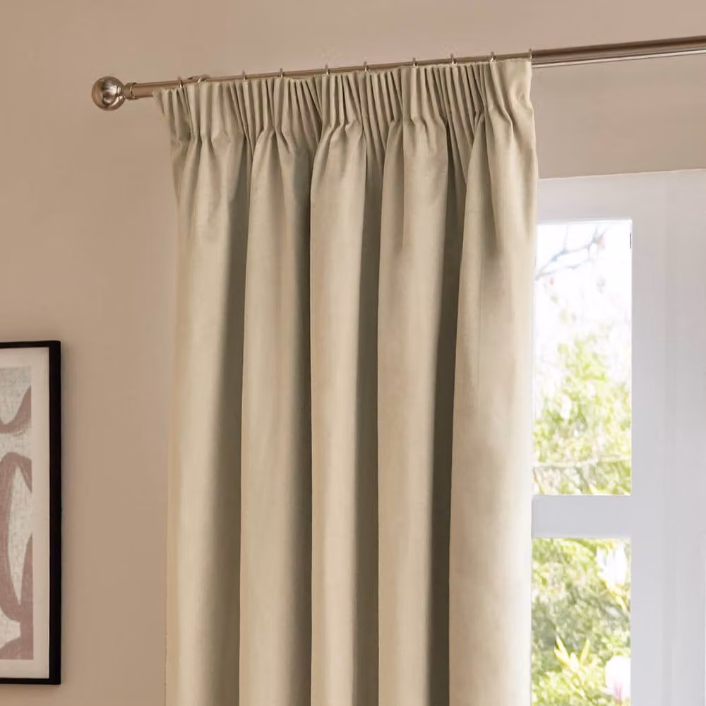 Furn Beige Velvet Room Darkening Pencil Pleat Curtain Pair, Width: 168 cm, Drop: 229 cm – 1