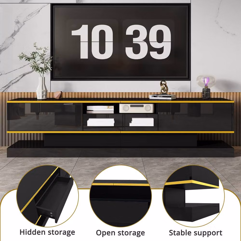 Merax Modern High Gloss TV Cabinet in Black and Gold with Integrated LED Lighting and 3 Drawers, W: 180 cm, D: 45 cm, H: 180 cm – 2